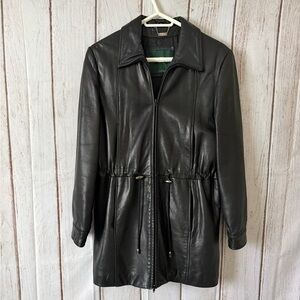 Danier Vintage Black Genuine Leather Long Parka Jacket with Drawstring Waist